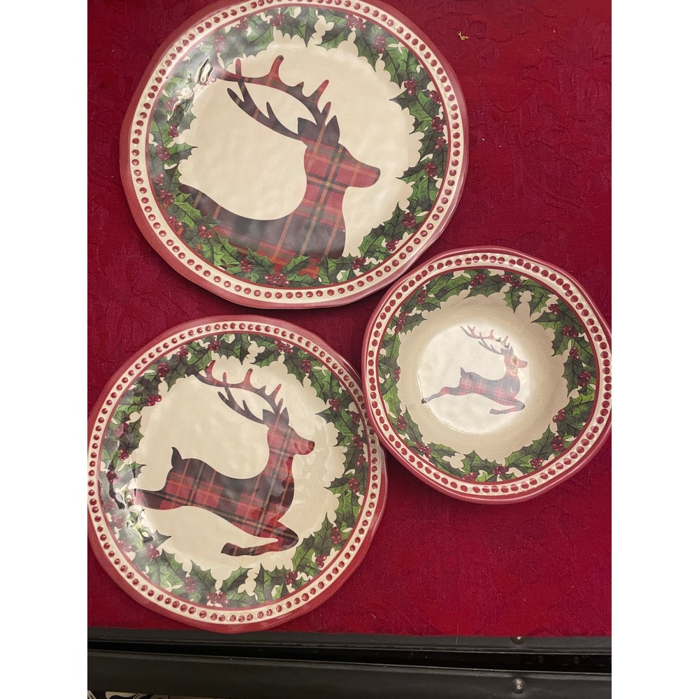 Christmas Reindeer Plaid Melamine Dinnerware Plates Bowl Holiday Lodge